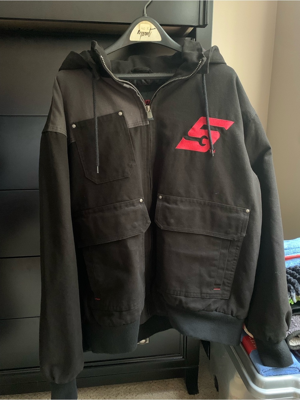 Black Bomber Jacket with Red Logo Hoodie